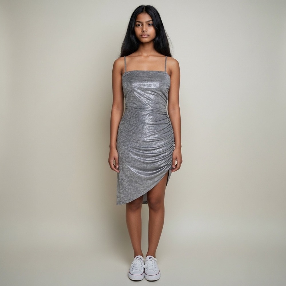 Reformation Silver Metallic Ruched Asymmetrical Sheath Dress Grey Square Neck S
